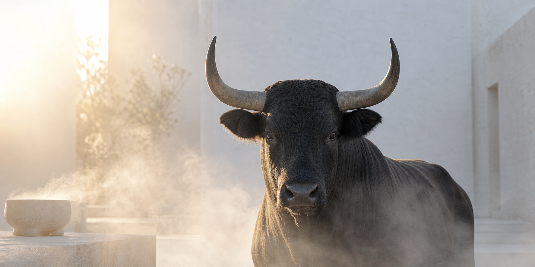 Bull in soft morning light with a faint veil of fragrant mist.