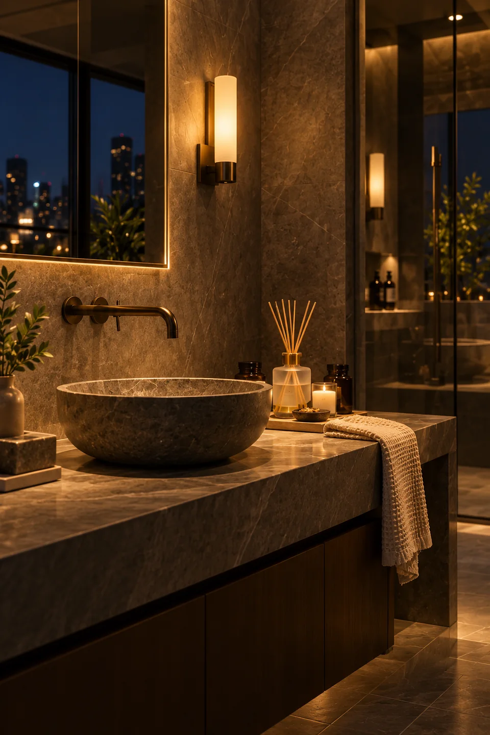 A stone bathroom vanity with a reed diffuser and folded towel.