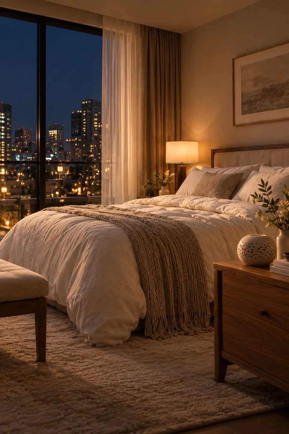 A bedroom with linen bedding, warm wood and a ceramic fragrance vessel.
