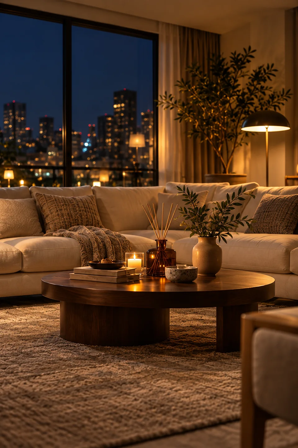 A warmly furnished living room with a sofa, coffee table and fragrance.